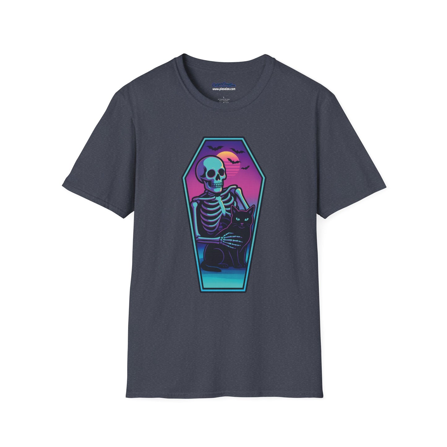 Vaporwave Skeleton Coffin Shirt – Retro Goth Aesthetic Tee with Cat & Neon Moon