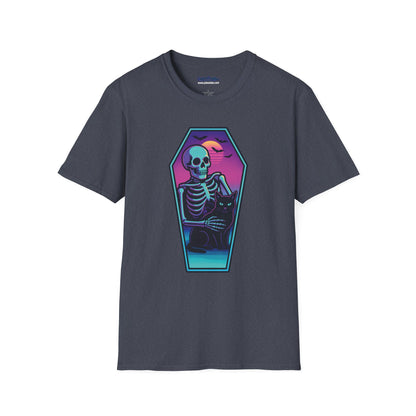 Vaporwave Skeleton Coffin Shirt – Retro Goth Aesthetic Tee with Cat & Neon Moon