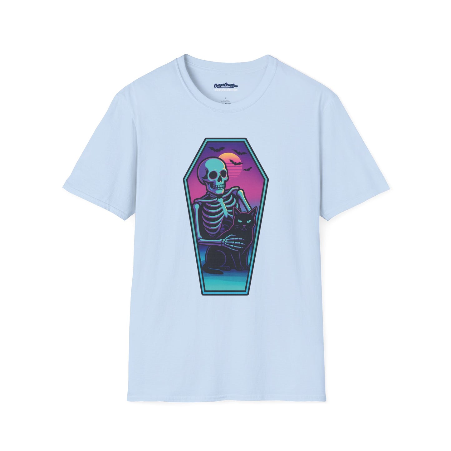 Vaporwave Skeleton Coffin Shirt – Retro Goth Aesthetic Tee with Cat & Neon Moon