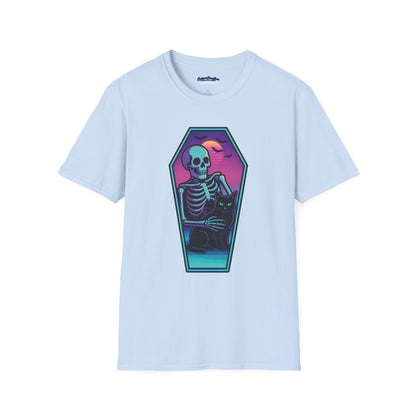 Vaporwave Skeleton Coffin Shirt – Retro Goth Aesthetic Tee with Cat & Neon Moon