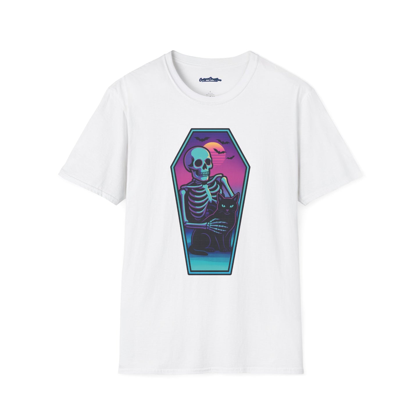 Vaporwave Skeleton Coffin Shirt – Retro Goth Aesthetic Tee with Cat & Neon Moon