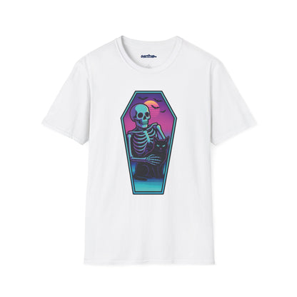 Vaporwave Skeleton Coffin Shirt – Retro Goth Aesthetic Tee with Cat & Neon Moon