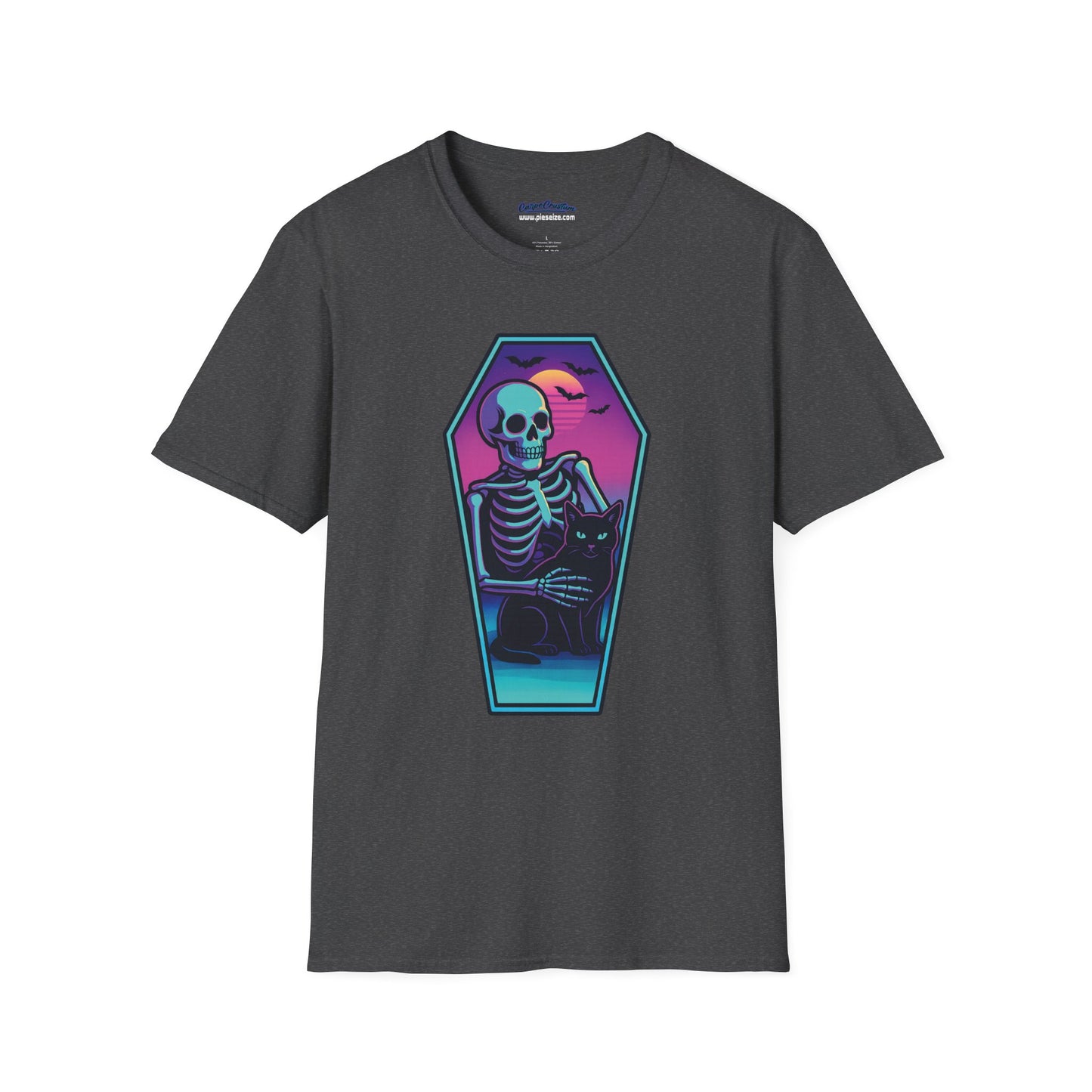 Vaporwave Skeleton Coffin Shirt – Retro Goth Aesthetic Tee with Cat & Neon Moon