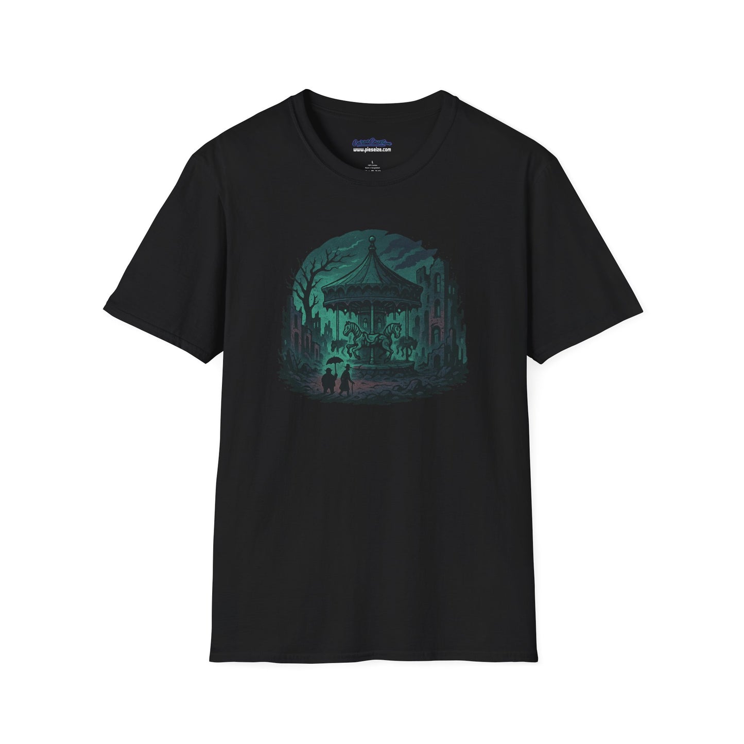 Fallout Carousel T-Shirt – Gothic Post-Apocalyptic Horror Tee – Spooky Merry-Go-Round Graphic Shirt for Halloween, Goth & Wasteland Fans
