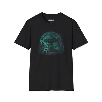 Fallout Carousel T-Shirt – Gothic Post-Apocalyptic Horror Tee – Spooky Merry-Go-Round Graphic Shirt for Halloween, Goth & Wasteland Fans