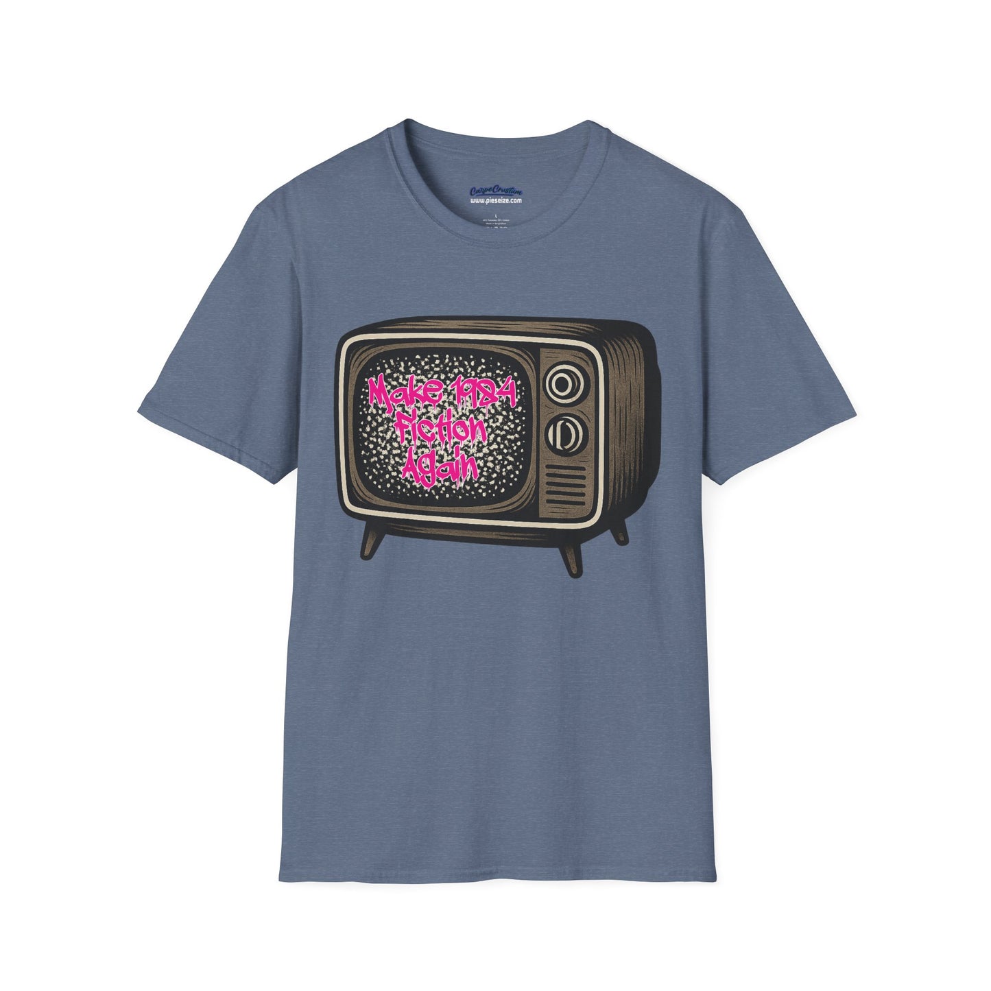 Make 1984 Fiction Again T-Shirt – Funny Dystopian Vintage TV Tee – Orwellian Satire Shirt – Political Parody Gift – Retro Graphic Tee
