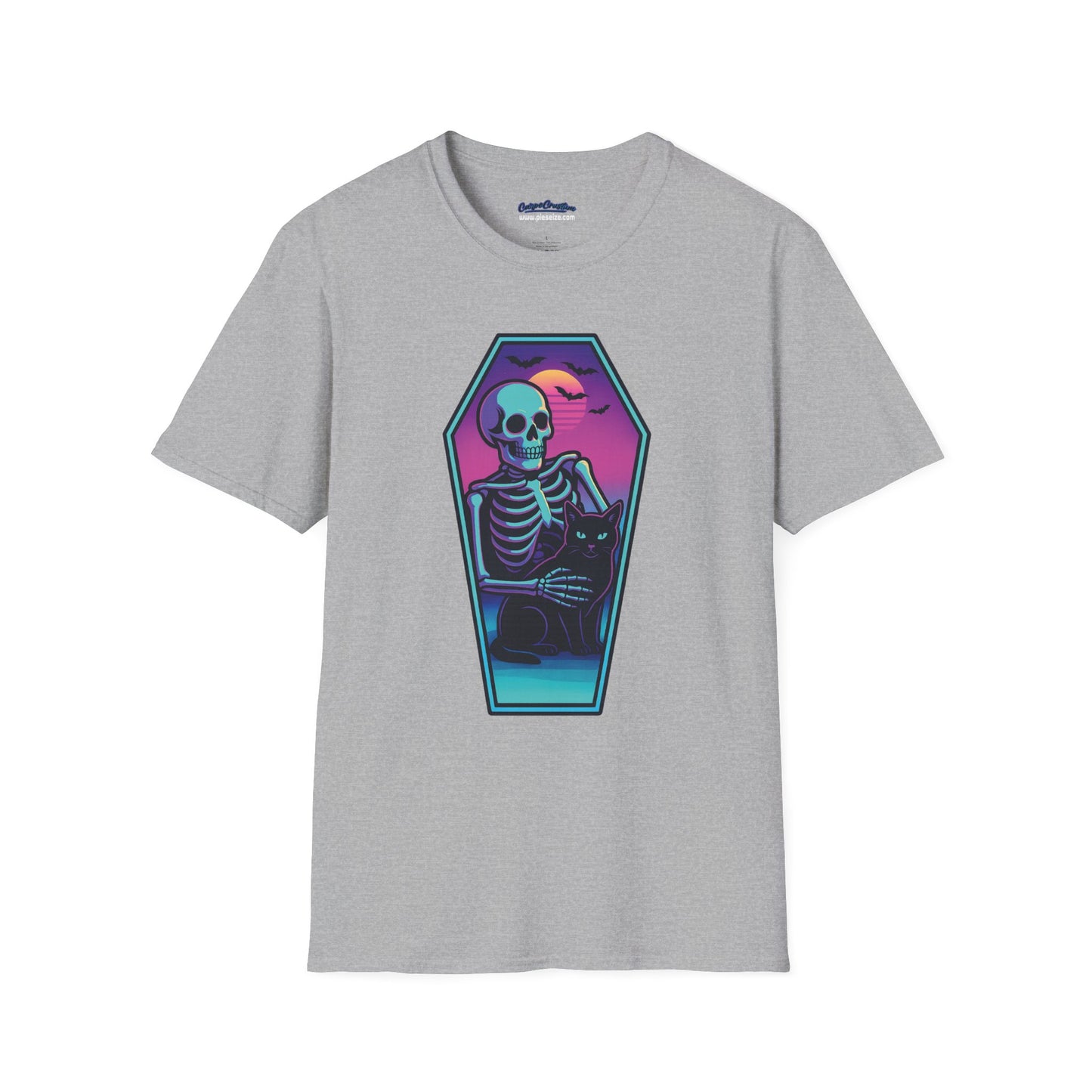 Vaporwave Skeleton Coffin Shirt – Retro Goth Aesthetic Tee with Cat & Neon Moon