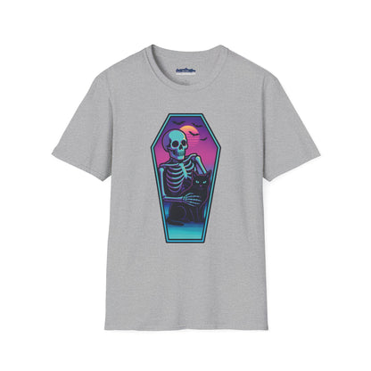 Vaporwave Skeleton Coffin Shirt – Retro Goth Aesthetic Tee with Cat & Neon Moon