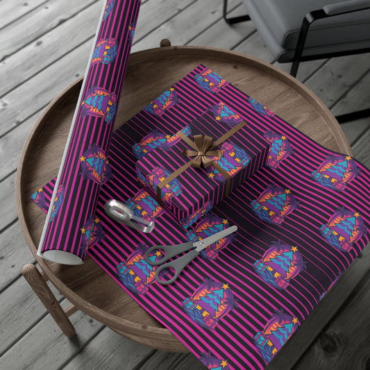 Retro Vaporwave Christmas Wrapping Paper – Neon Tree & Palm Holiday Gift Wrap, 80s Synthwave Xmas Aesthetic