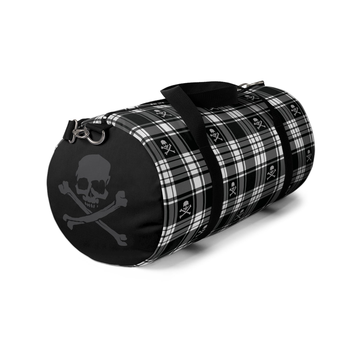 Black and White Flannel Patterned Skull and Crossbones Duffel Bag left side view with a strap clipped on