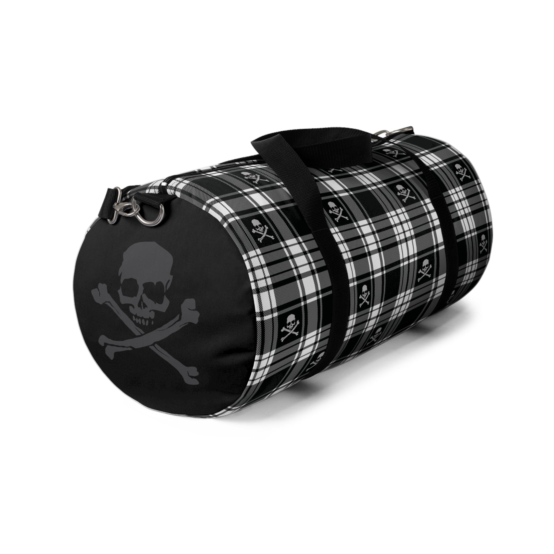 Black and White Flannel Patterned Skull and Crossbones Duffel Bag left side view with a strap clipped on