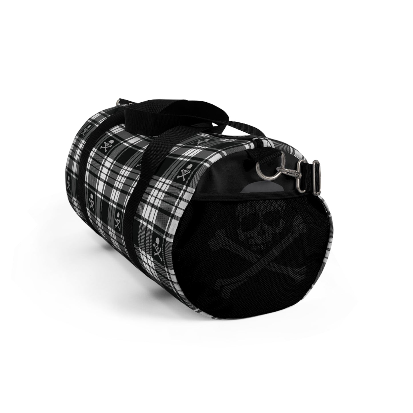 Black and White Flannel Patterned Skull and Crossbones Duffel Bag right side small