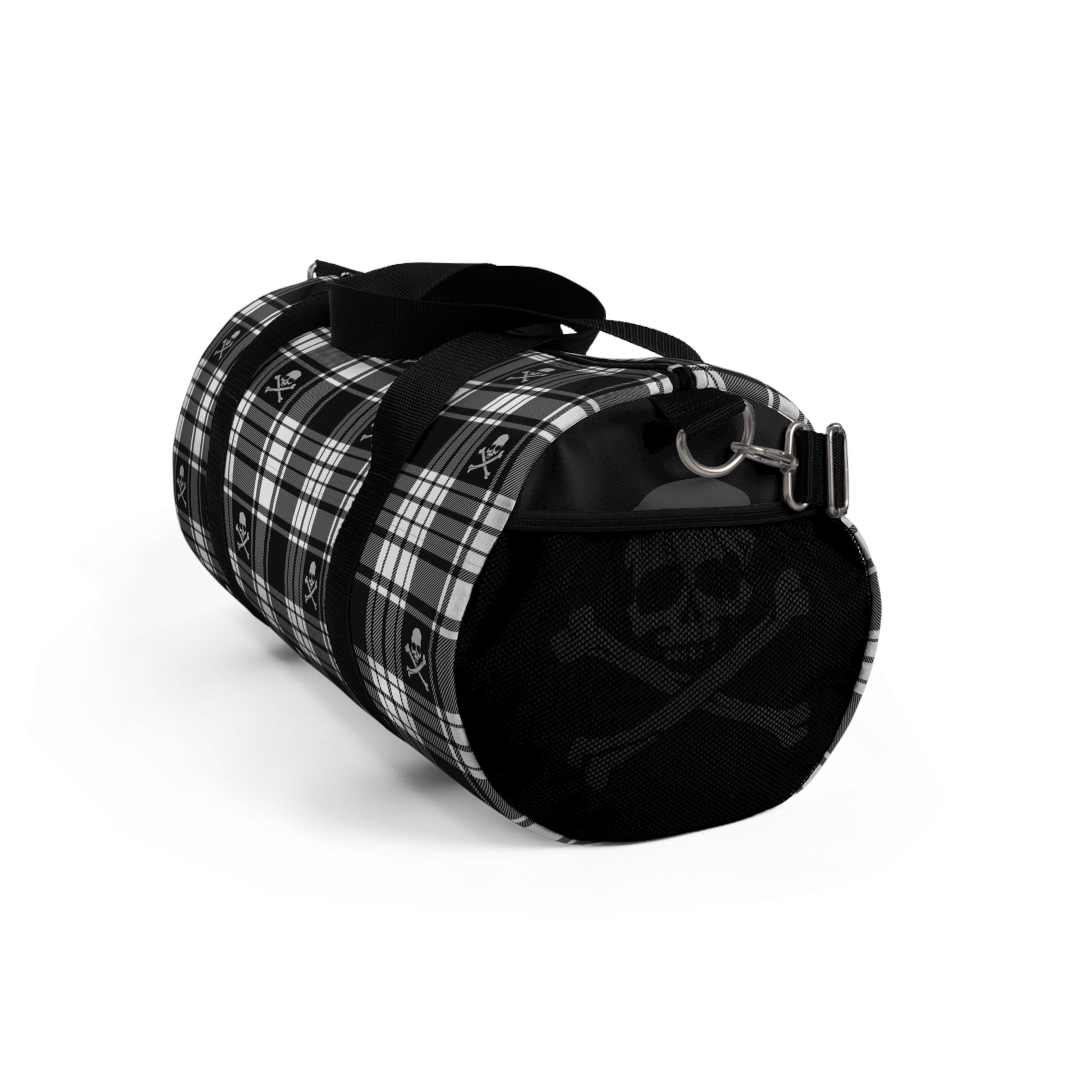 Black and White Flannel Patterned Skull and Crossbones Duffel Bag right side small