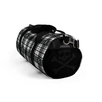 Black and White Flannel Patterned Skull and Crossbones Duffel Bag right side small