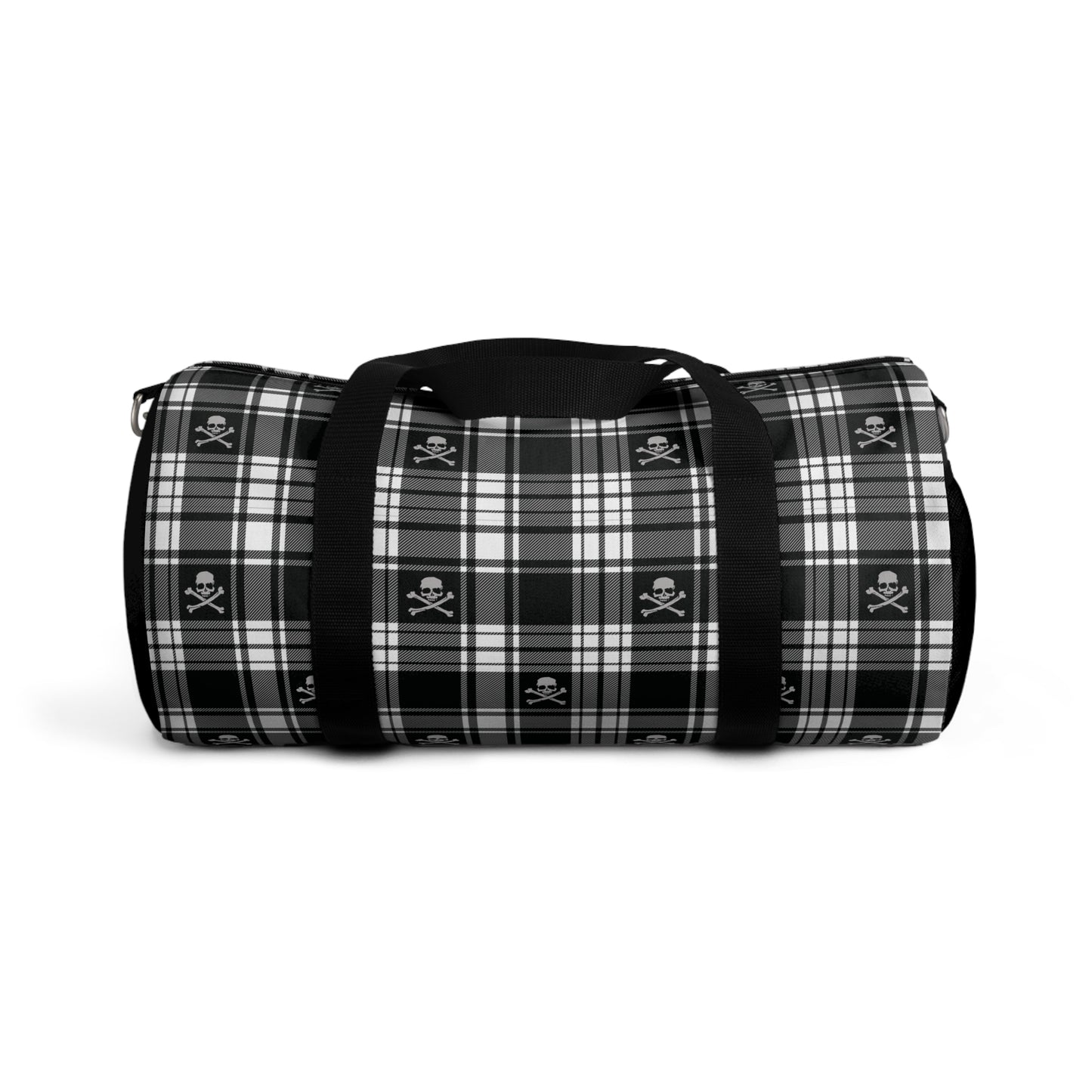 Black and White Flannel Patterned Skull and Crossbones Duffel Bag side view with handles lowered ready to be put into carry on compartment