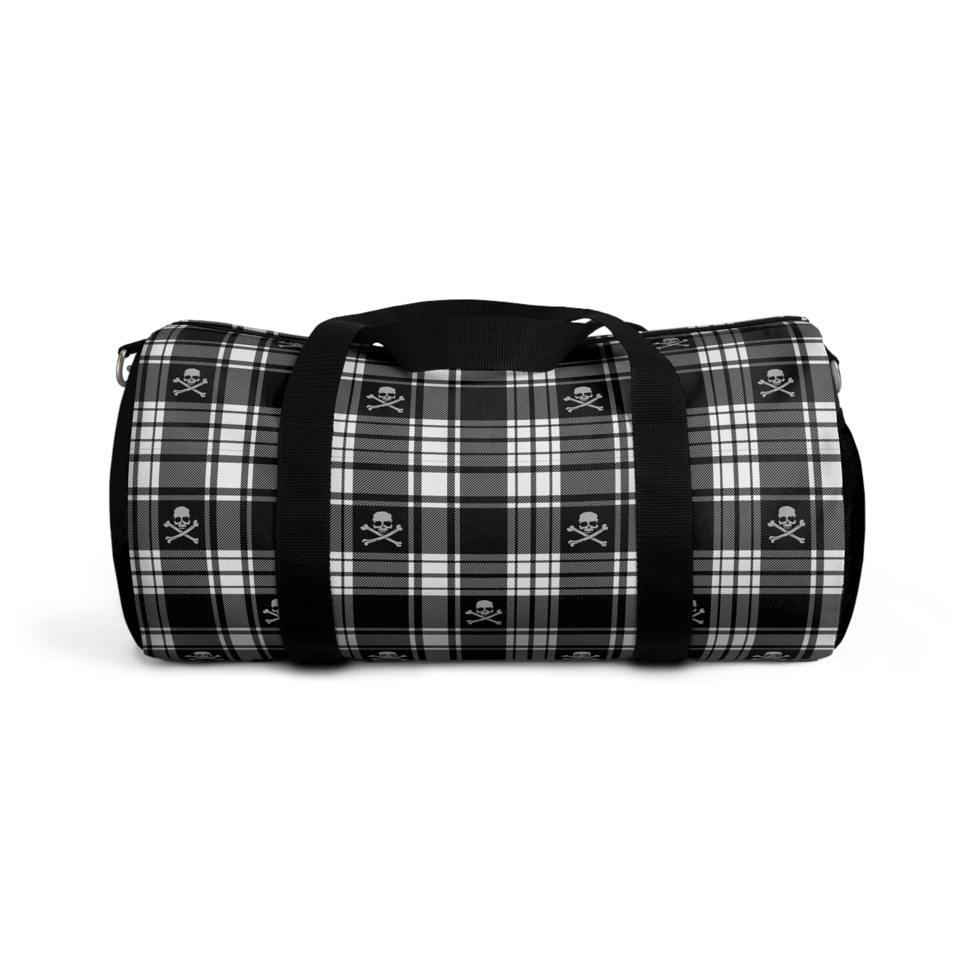Black and White Flannel Patterned Skull and Crossbones Duffel Bag side view with handles lowered ready to be put into carry on compartment