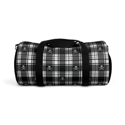 Black and White Flannel Patterned Skull and Crossbones Duffel Bag side view with handles lowered ready to be put into carry on compartment