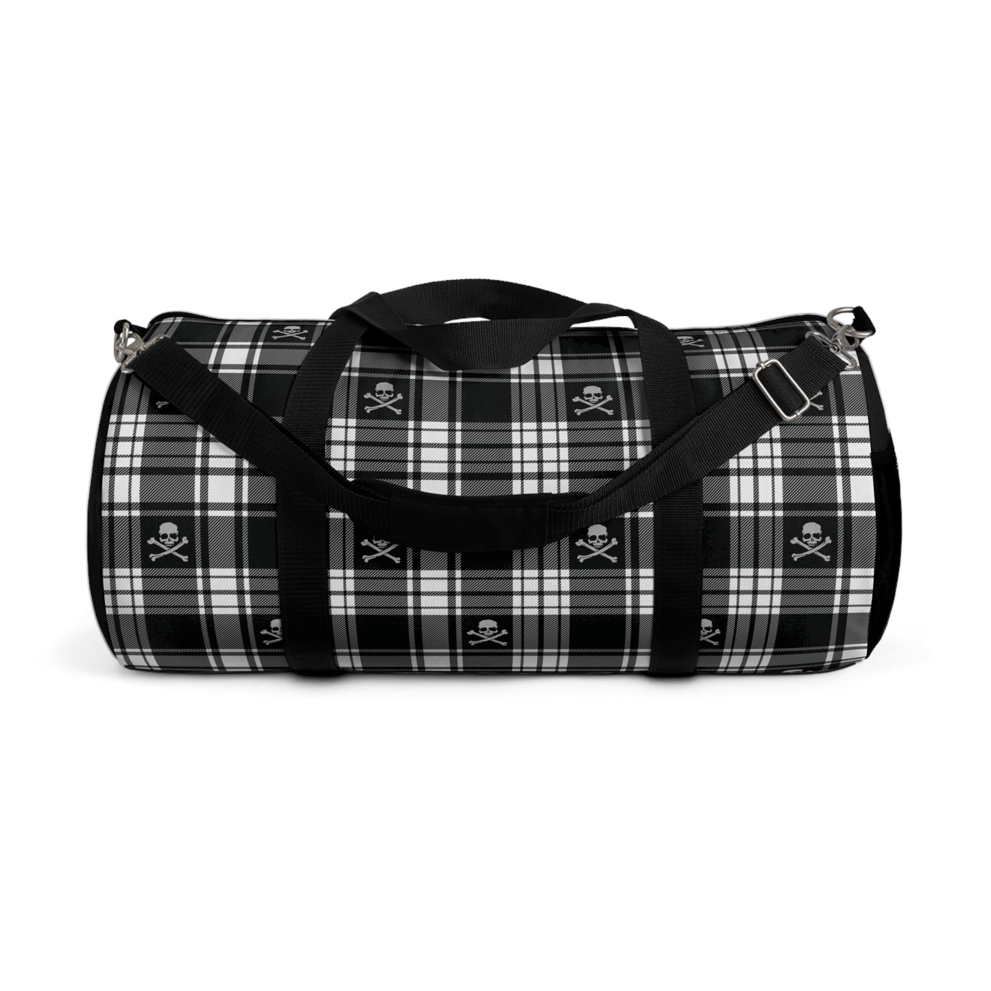 Black and White Flannel Patterned Skull and Crossbones Duffel Bag side view with strap hanging down and handles folded down