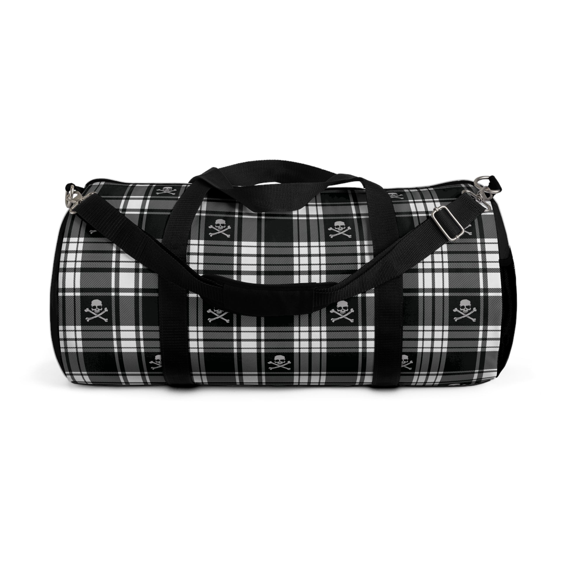 Black and White Flannel Patterned Skull and Crossbones Duffel Bag side view with strap hanging down and handles folded down