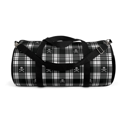 Black and White Flannel Patterned Skull and Crossbones Duffel Bag side view with strap hanging down and handles folded down