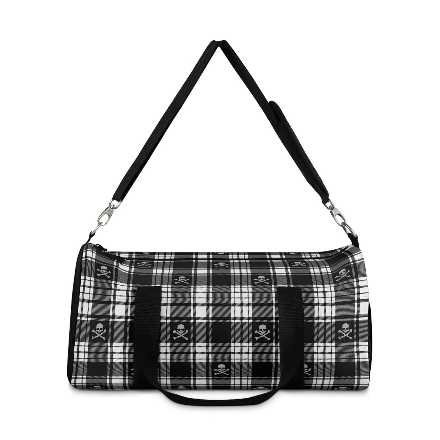 Black and White Flannel Patterned Skull and Crossbones Duffel Bag small with strap extended up