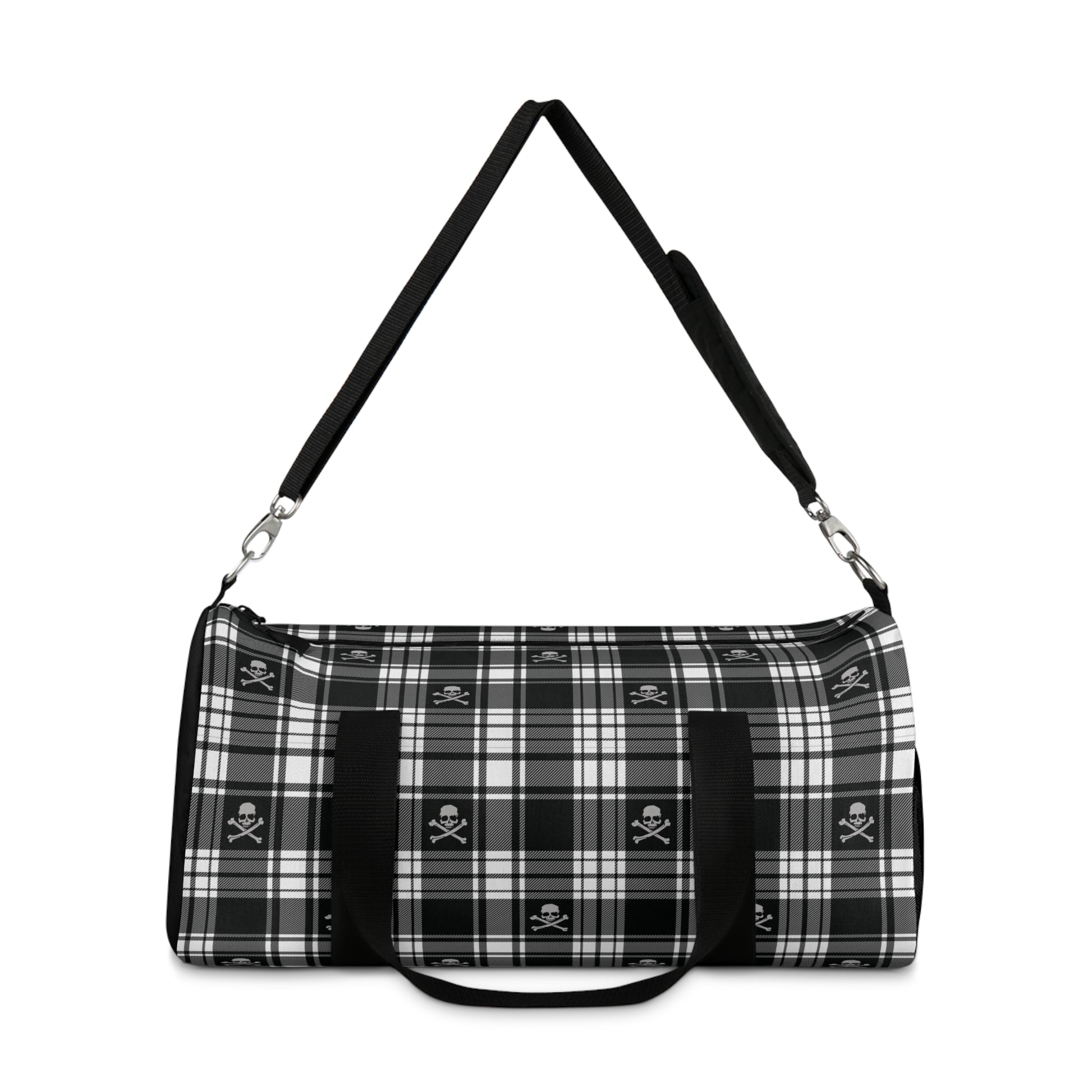Black and White Flannel Patterned Skull and Crossbones Duffel Bag small with strap extended up