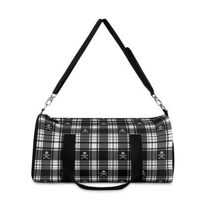 Black and White Flannel Patterned Skull and Crossbones Duffel Bag small with strap extended up
