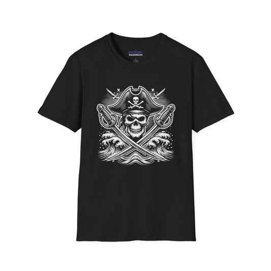 Pirate-themed T-shirt design showcasing a skull in a pirate hat with crossed swords and ocean waves in the background, rendered in black, white, and gray.