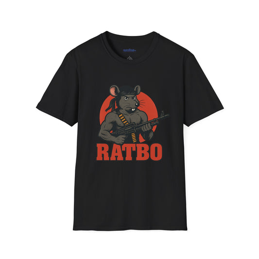 Cartoon rat dressed like Rambo with a machine gun and bandolier, labeled 'Ratbo' in bold vintage-style font. Black tshirt