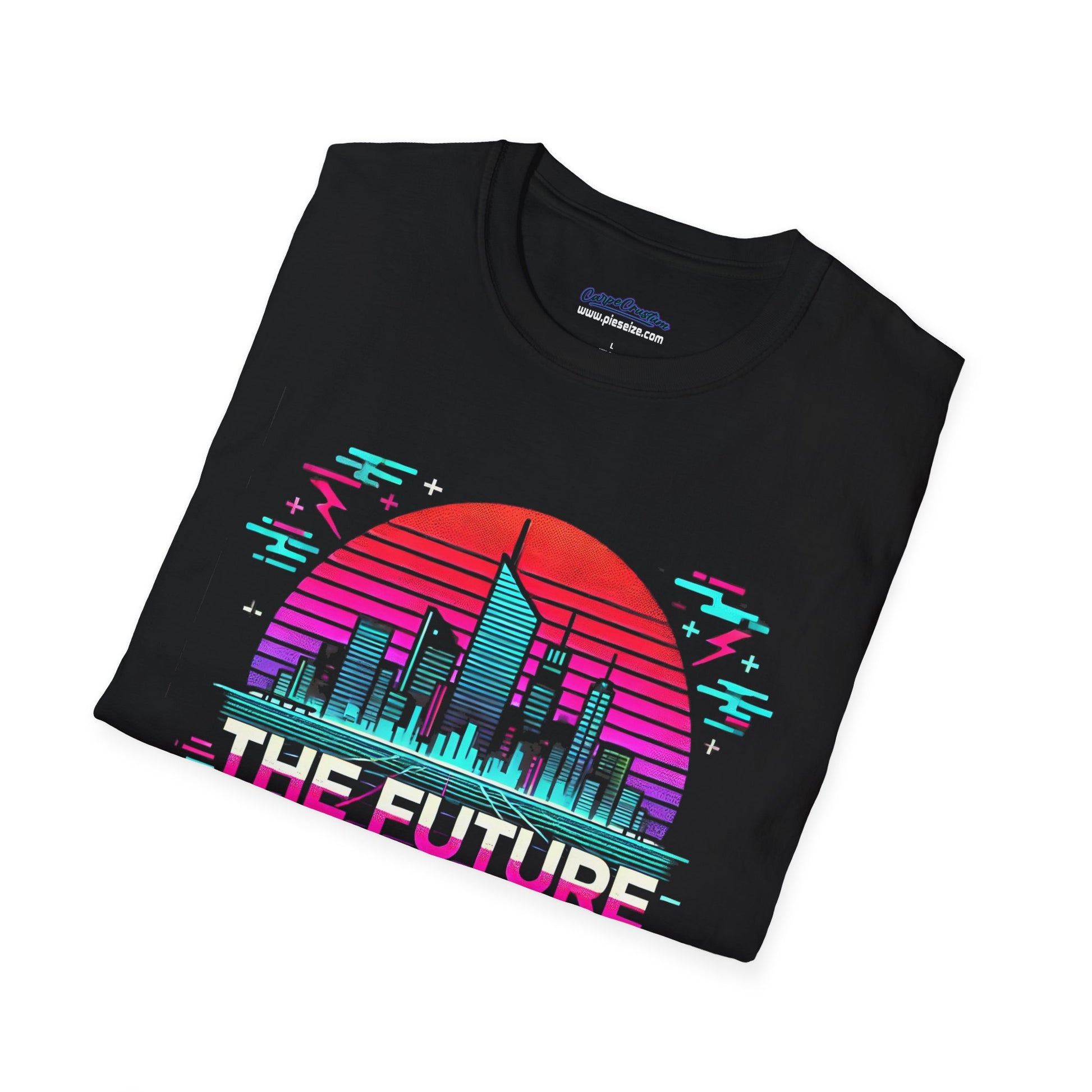 A black T-shirt featuring a neon cyberpunk cityscape with a retro sun and glitch effects. The text “THE FUTURE IS NOW.” is displayed in a bold, futuristic font with a slightly distressed vintage look. The design includes vibrant neon pink, blue, and purple hues, creating a futuristic, streetwear-inspired aesthetic.