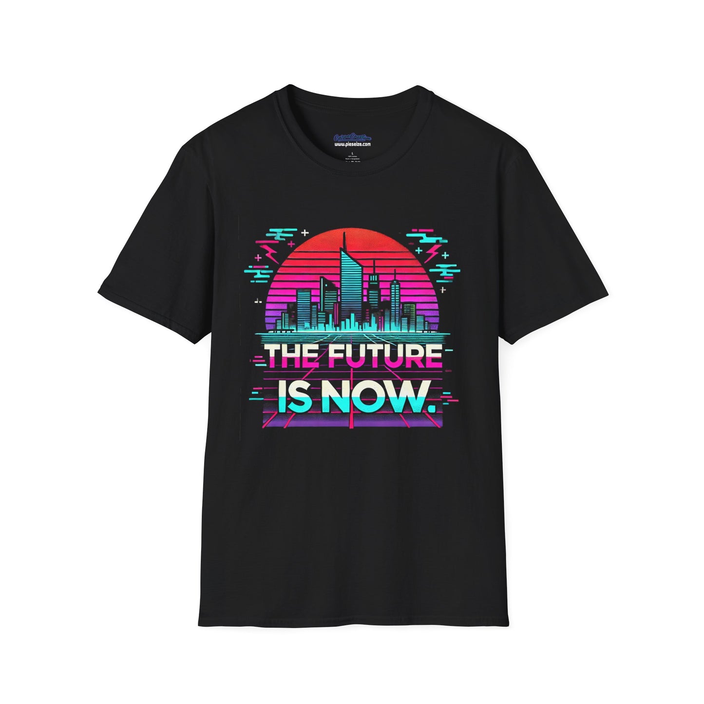 A black T-shirt featuring a neon cyberpunk cityscape with a retro sun and glitch effects. The text “THE FUTURE IS NOW.” is displayed in a bold, futuristic font with a slightly distressed vintage look. The design includes vibrant neon pink, blue, and purple hues, creating a futuristic, streetwear-inspired aesthetic.