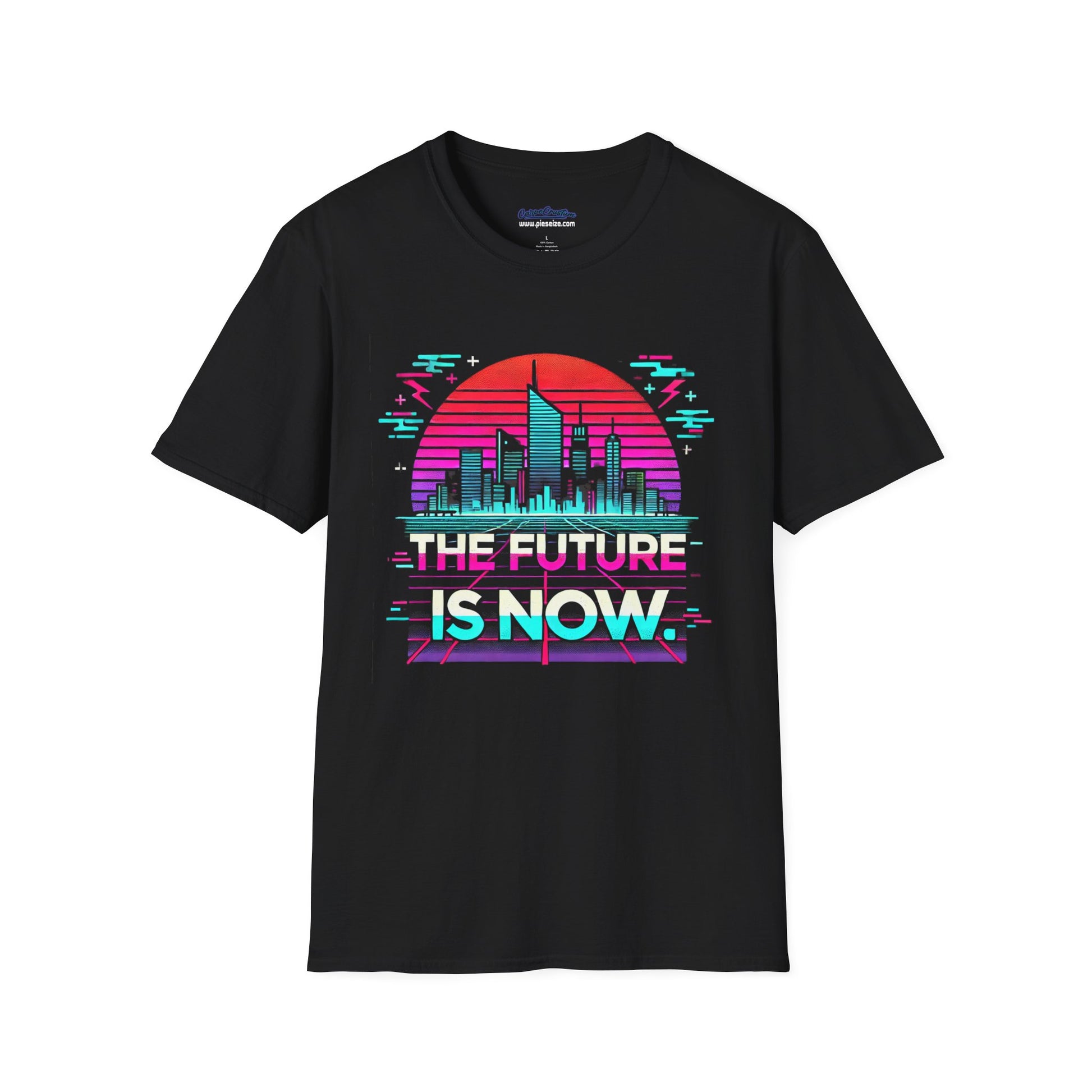 A black T-shirt featuring a neon cyberpunk cityscape with a retro sun and glitch effects. The text “THE FUTURE IS NOW.” is displayed in a bold, futuristic font with a slightly distressed vintage look. The design includes vibrant neon pink, blue, and purple hues, creating a futuristic, streetwear-inspired aesthetic.