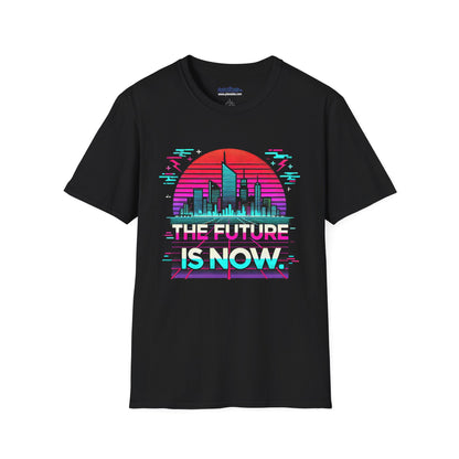 A black T-shirt featuring a neon cyberpunk cityscape with a retro sun and glitch effects. The text “THE FUTURE IS NOW.” is displayed in a bold, futuristic font with a slightly distressed vintage look. The design includes vibrant neon pink, blue, and purple hues, creating a futuristic, streetwear-inspired aesthetic.