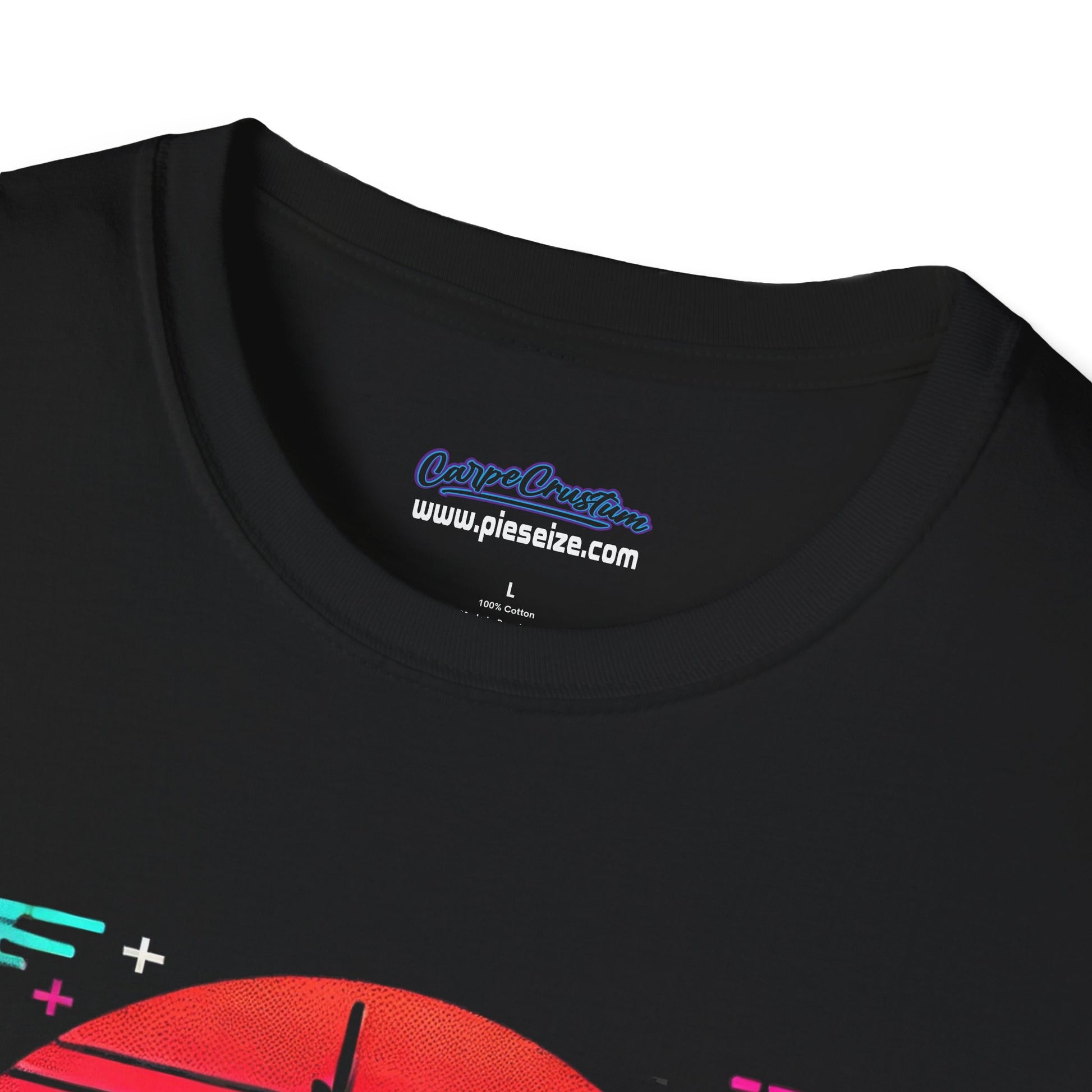 A black T-shirt featuring a neon cyberpunk cityscape with a retro sun and glitch effects. The text “THE FUTURE IS NOW.” is displayed in a bold, futuristic font with a slightly distressed vintage look. The design includes vibrant neon pink, blue, and purple hues, creating a futuristic, streetwear-inspired aesthetic.