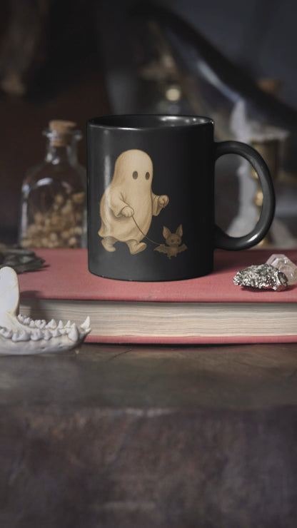 Cute Ghost and Bat Mug Spooky Halloween Coffee Cup in Black