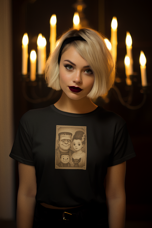 Vintage Frankensteins Monster Family Portrait Halloween Tee – Cute Retro Horror Shirt for Women