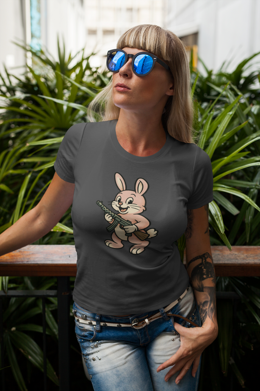 Cute Bunny with Machine Gun T-Shirt - Funny Retro Cartoon Graphic Tee